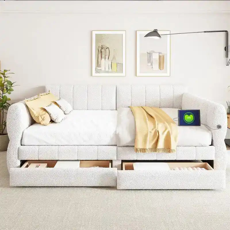 Upholstered Daybed with 2 Storage Drawers, Queen Size Sofa Bed Frame with USB Ports Design and Wood Slats Support