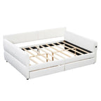 Upholstered Daybed with 2 Storage Drawers, Queen Size Sofa Bed Frame with USB Ports Design and Wood Slats Support