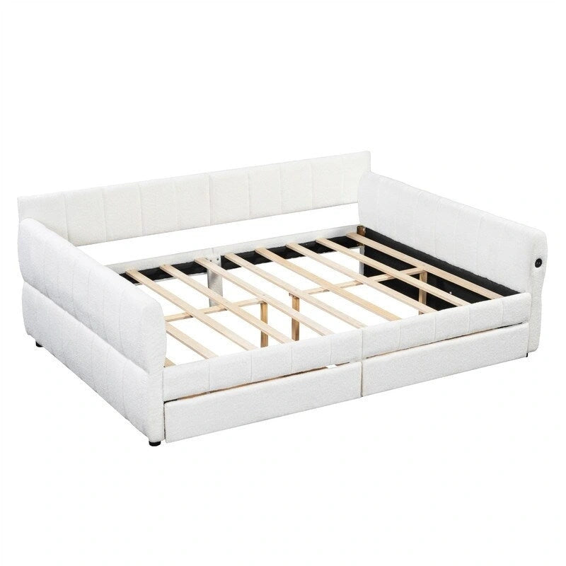 Upholstered Daybed with 2 Storage Drawers, Queen Size Sofa Bed Frame with USB Ports Design and Wood Slats Support