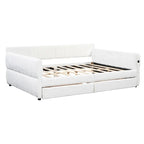 Upholstered Daybed with 2 Storage Drawers, Queen Size Sofa Bed Frame with USB Ports Design and Wood Slats Support