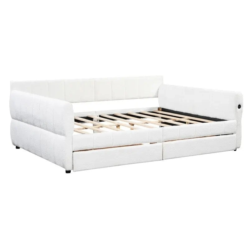 Upholstered Daybed with 2 Storage Drawers, Queen Size Sofa Bed Frame with USB Ports Design and Wood Slats Support
