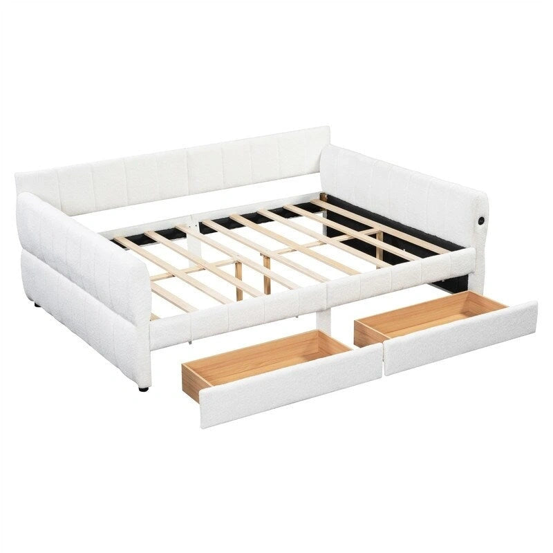 Upholstered Daybed with 2 Storage Drawers, Queen Size Sofa Bed Frame with USB Ports Design and Wood Slats Support