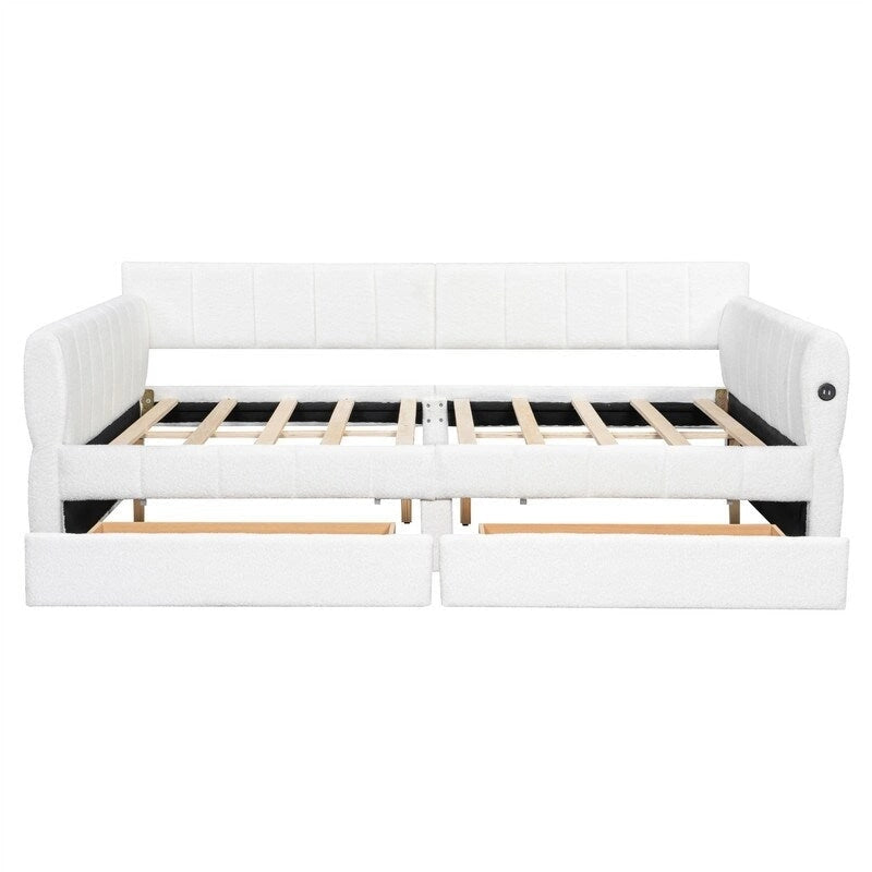 Upholstered Daybed with 2 Storage Drawers, Queen Size Sofa Bed Frame with USB Ports Design and Wood Slats Support