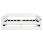 Upholstered Daybed with 2 Storage Drawers, Queen Size Sofa Bed Frame with USB Ports Design and Wood Slats Support