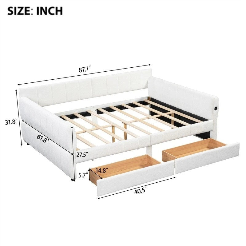 Upholstered Daybed with 2 Storage Drawers, Queen Size Sofa Bed Frame with USB Ports Design and Wood Slats Support