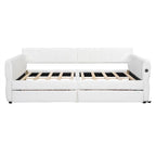 Upholstered Daybed with 2 Storage Drawers, Queen Size Sofa Bed Frame with USB Ports Design and Wood Slats Support