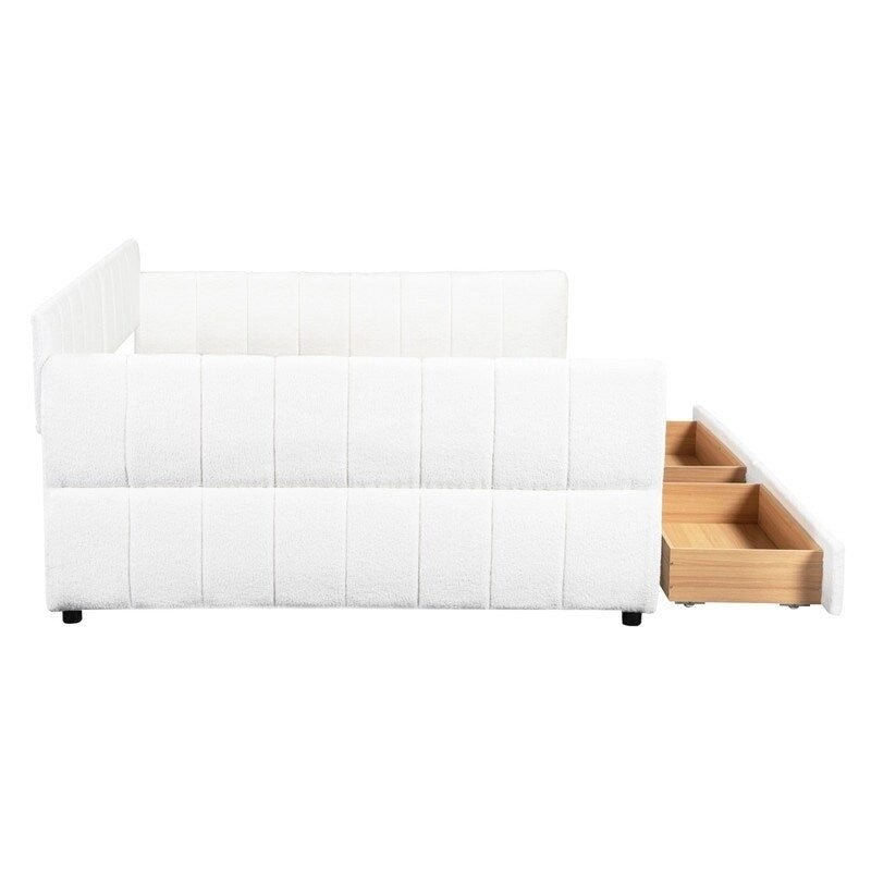 Upholstered Daybed with 2 Storage Drawers, Queen Size Sofa Bed Frame with USB Ports Design and Wood Slats Support