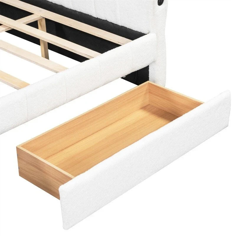 Upholstered Daybed with 2 Storage Drawers, Queen Size Sofa Bed Frame with USB Ports Design and Wood Slats Support