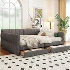 Upholstered Daybed with 2 Storage Drawers, Queen Size Sofa Bed Frame with USB Ports Design and Wood Slats Support