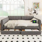 Upholstered Daybed with 2 Storage Drawers, Queen Size Sofa Bed Frame with USB Ports Design and Wood Slats Support
