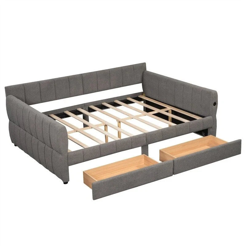 Upholstered Daybed with 2 Storage Drawers, Queen Size Sofa Bed Frame with USB Ports Design and Wood Slats Support