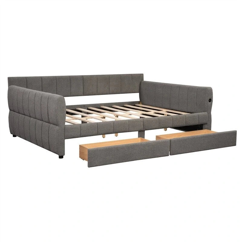 Upholstered Daybed with 2 Storage Drawers, Queen Size Sofa Bed Frame with USB Ports Design and Wood Slats Support