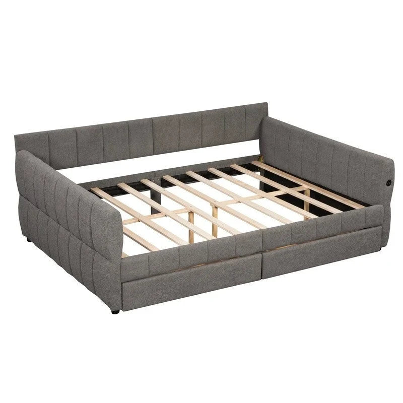 Upholstered Daybed with 2 Storage Drawers, Queen Size Sofa Bed Frame with USB Ports Design and Wood Slats Support