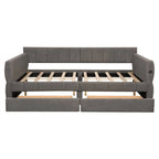 Upholstered Daybed with 2 Storage Drawers, Queen Size Sofa Bed Frame with USB Ports Design and Wood Slats Support