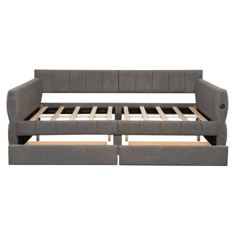 Upholstered Daybed with 2 Storage Drawers, Queen Size Sofa Bed Frame with USB Ports Design and Wood Slats Support