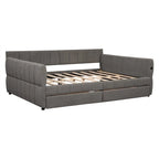 Upholstered Daybed with 2 Storage Drawers, Queen Size Sofa Bed Frame with USB Ports Design and Wood Slats Support