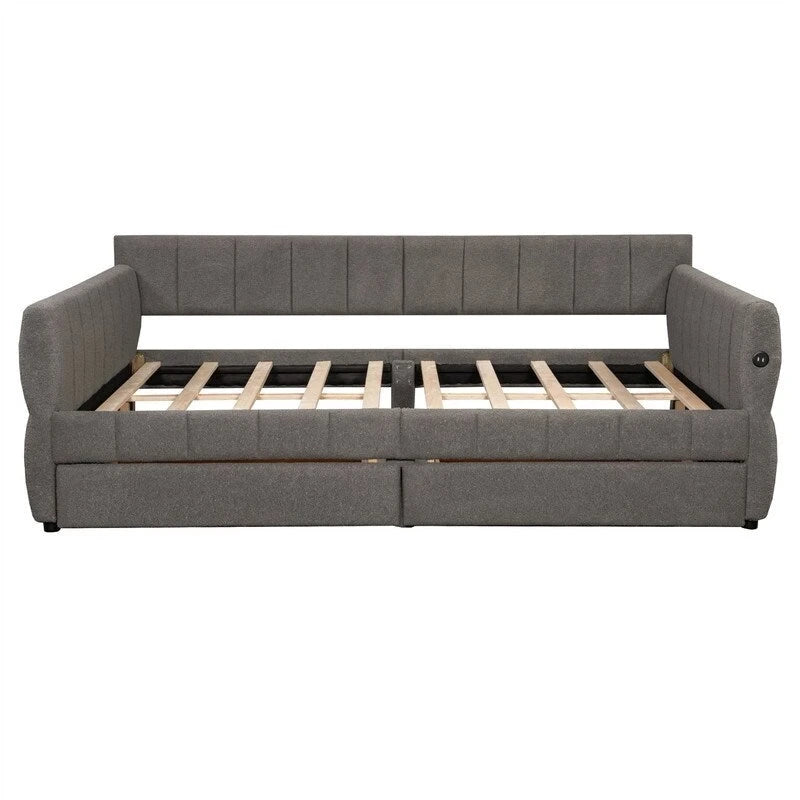 Upholstered Daybed with 2 Storage Drawers, Queen Size Sofa Bed Frame with USB Ports Design and Wood Slats Support