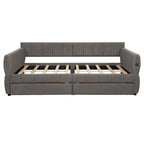 Upholstered Daybed with 2 Storage Drawers, Queen Size Sofa Bed Frame with USB Ports Design and Wood Slats Support