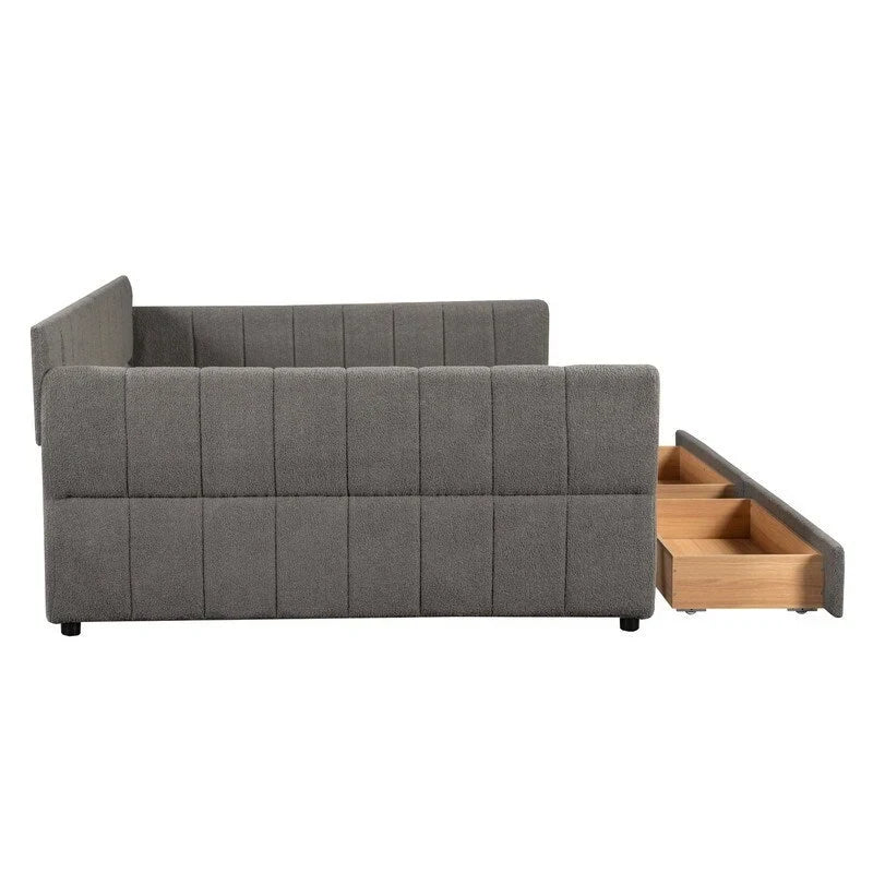 Upholstered Daybed with 2 Storage Drawers, Queen Size Sofa Bed Frame with USB Ports Design and Wood Slats Support