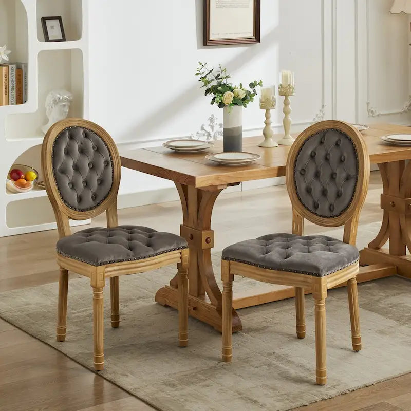 Solid Wood Frame Antique Dining Chair, Hand-Pulled Buckle Decoration Velvet Dining Chair with Nailhead Trim, Set of 2