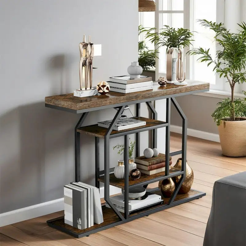 47.24  Rustic Long Console Entry Table Sofa Storage Table Behind Couch with 4 Tier Shelves