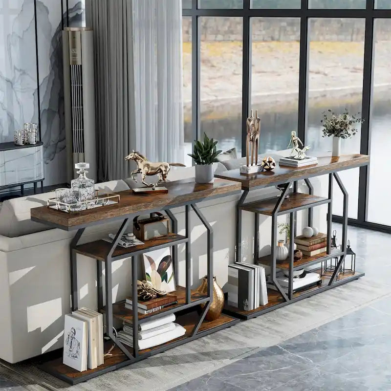 47.24  Rustic Long Console Entry Table Sofa Storage Table Behind Couch with 4 Tier Shelves