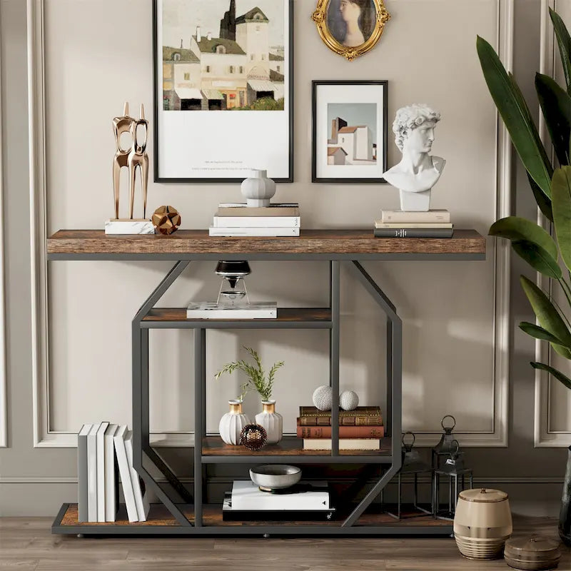 47.24  Rustic Long Console Entry Table Sofa Storage Table Behind Couch with 4 Tier Shelves