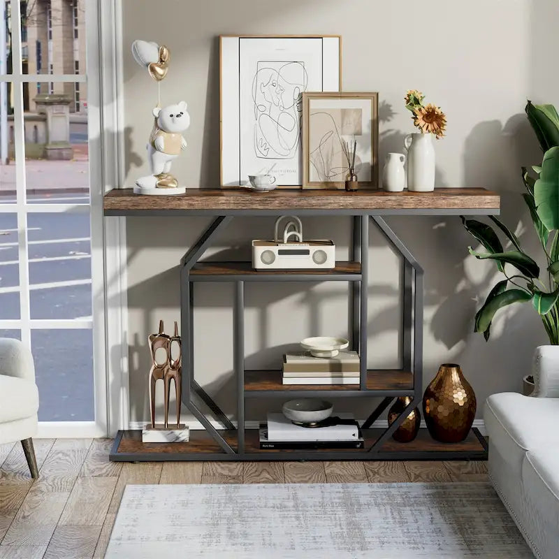 47.24  Rustic Long Console Entry Table Sofa Storage Table Behind Couch with 4 Tier Shelves