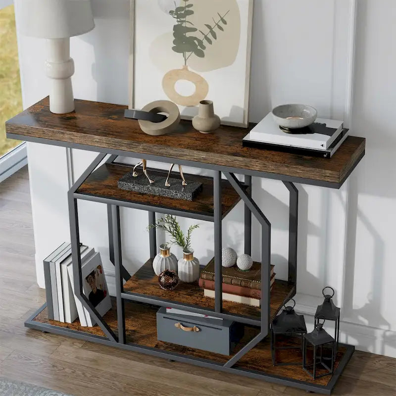 47.24  Rustic Long Console Entry Table Sofa Storage Table Behind Couch with 4 Tier Shelves
