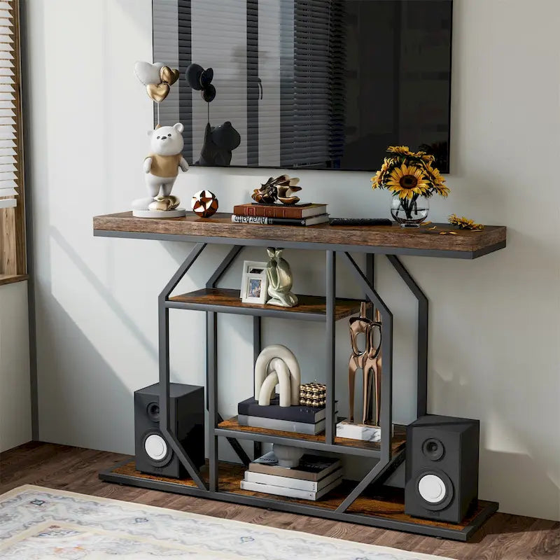 47.24  Rustic Long Console Entry Table Sofa Storage Table Behind Couch with 4 Tier Shelves