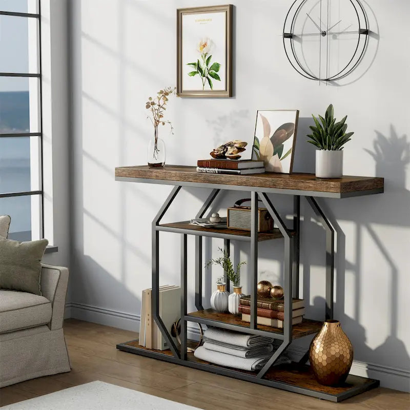 47.24  Rustic Long Console Entry Table Sofa Storage Table Behind Couch with 4 Tier Shelves