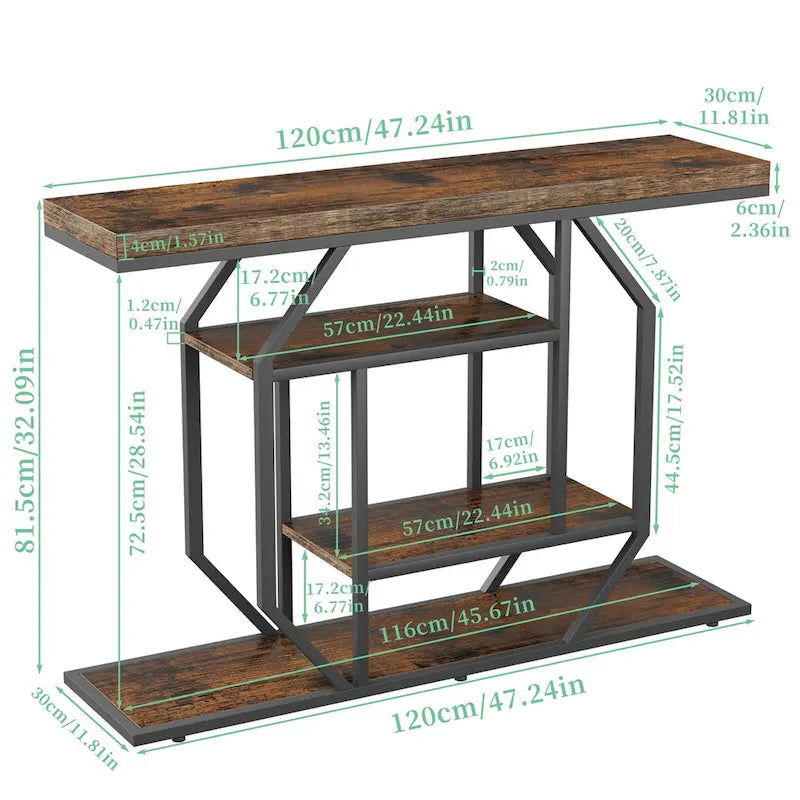 47.24  Rustic Long Console Entry Table Sofa Storage Table Behind Couch with 4 Tier Shelves