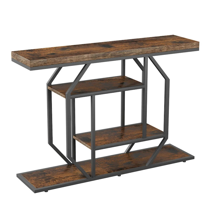 47.24  Rustic Long Console Entry Table Sofa Storage Table Behind Couch with 4 Tier Shelves