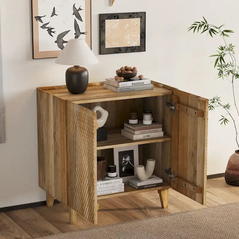 28W Accent Sideboard Cabinet with Storage with Fluted Design and Adjustable Shelf - N/A