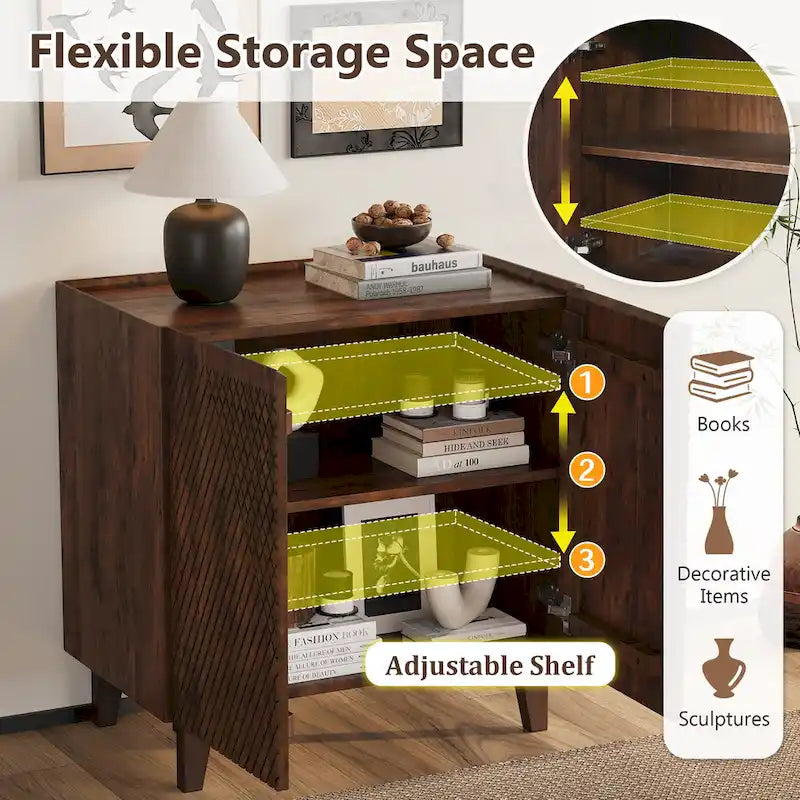 28W Accent Sideboard Cabinet with Storage with Fluted Design and Adjustable Shelf - N/A