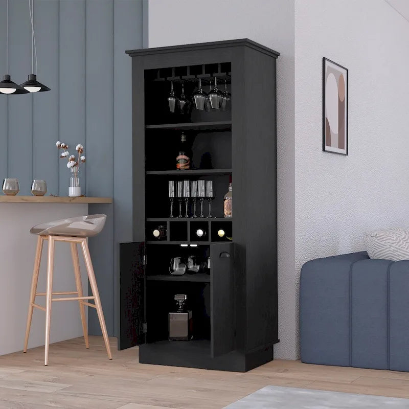 Lafayette Bar Cabinet with 4-Bottle Rack, Upper Glass Holder and Dual Door Design