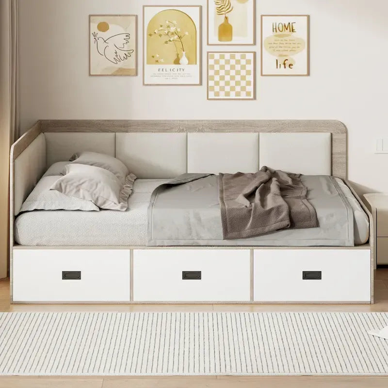Wooden Daybed Sofa Bed Frame L-Shaped Storage Daybed with 3 Storage Drawers and 3 Built-in Storage Compartments