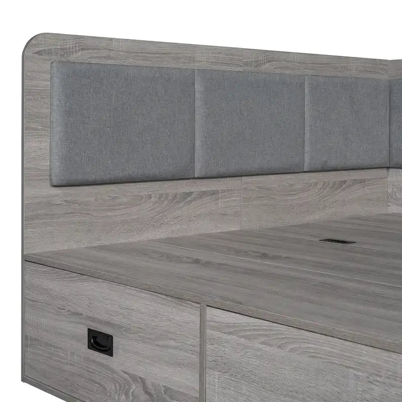 Wooden Daybed Sofa Bed Frame L-Shaped Storage Daybed with 3 Storage Drawers and 3 Built-in Storage Compartments