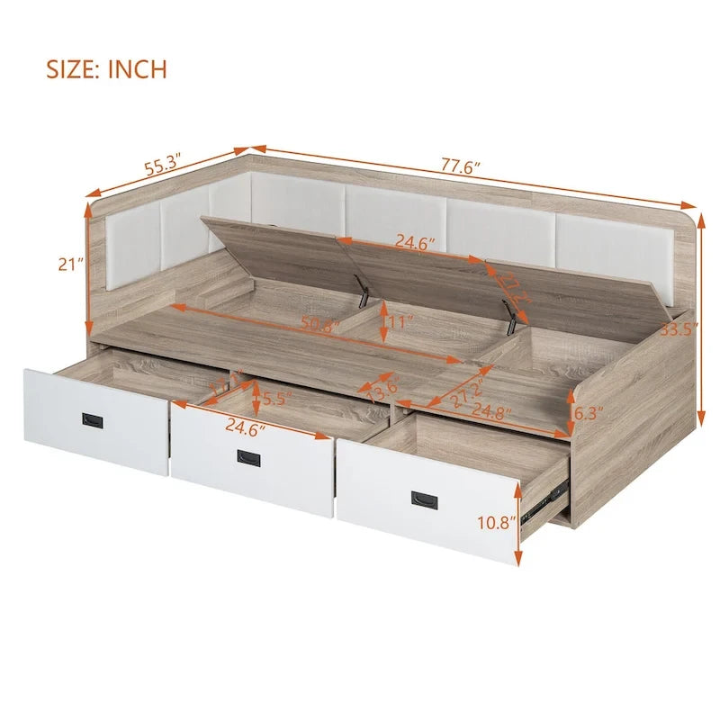 Wooden Daybed Sofa Bed Frame L-Shaped Storage Daybed with 3 Storage Drawers and 3 Built-in Storage Compartments