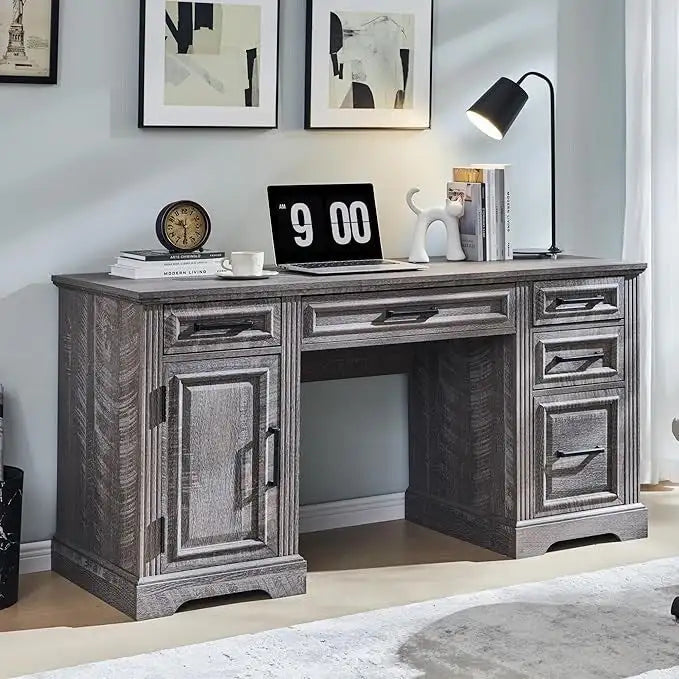 58  Large Computer Desk with Drawers, Embossed Texture Office Desk