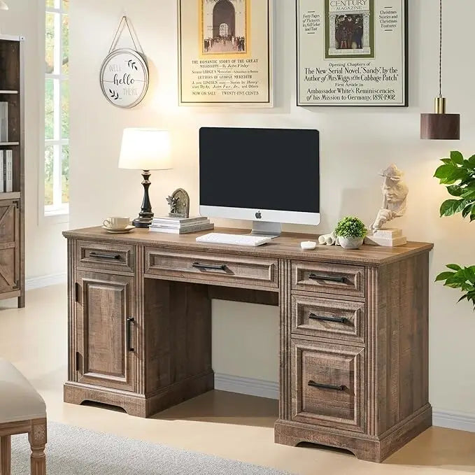 58  Large Computer Desk with Drawers, Embossed Texture Office Desk