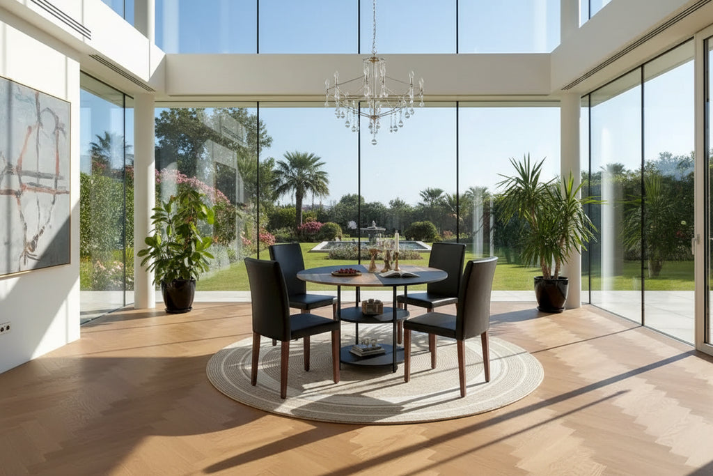 Modern Dining Table Set,Round Table with Storage & Technology Fabric Dining Chairs,Easy to Install