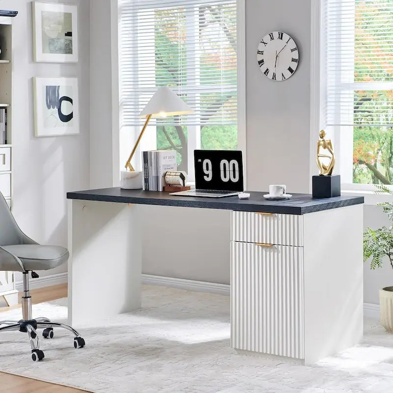 60  Modern Executive Desk, Wood Home Office Desk, Fluted Computer Desk