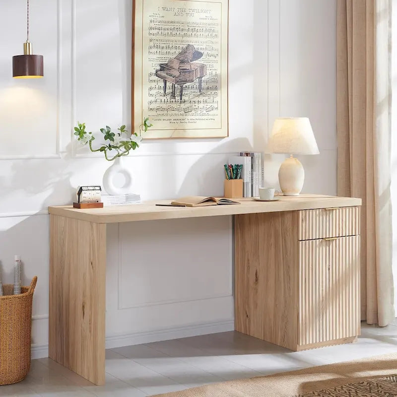 60  Modern Executive Desk, Wood Home Office Desk, Fluted Computer Desk