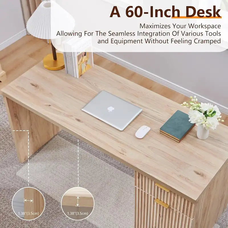 60  Modern Executive Desk, Wood Home Office Desk, Fluted Computer Desk