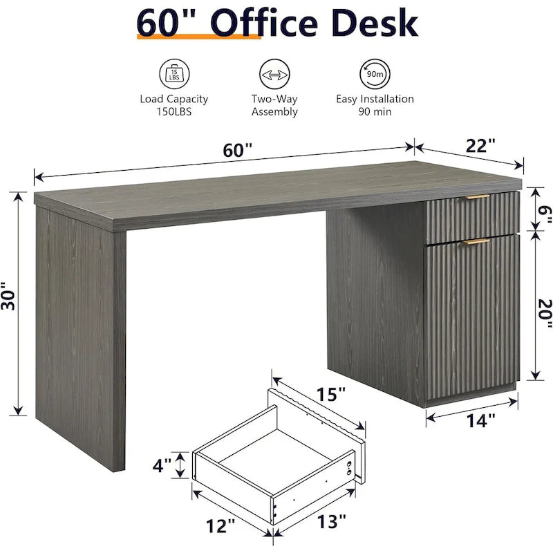 60  Modern Executive Desk, Wood Home Office Desk, Fluted Computer Desk