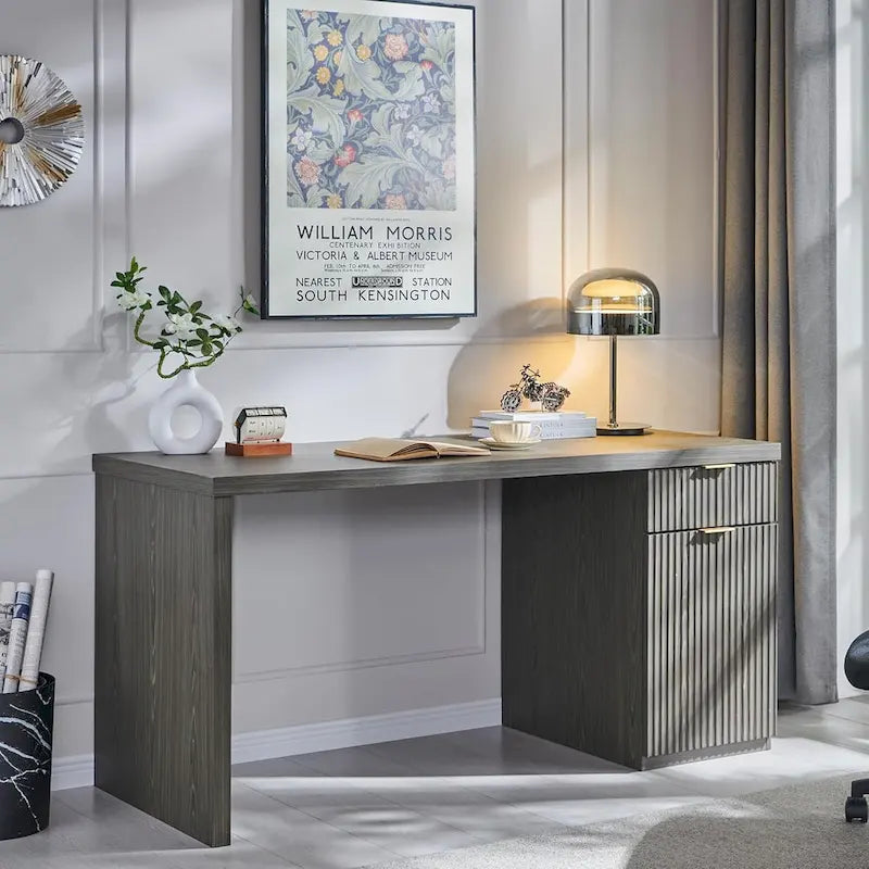 60  Modern Executive Desk, Wood Home Office Desk, Fluted Computer Desk