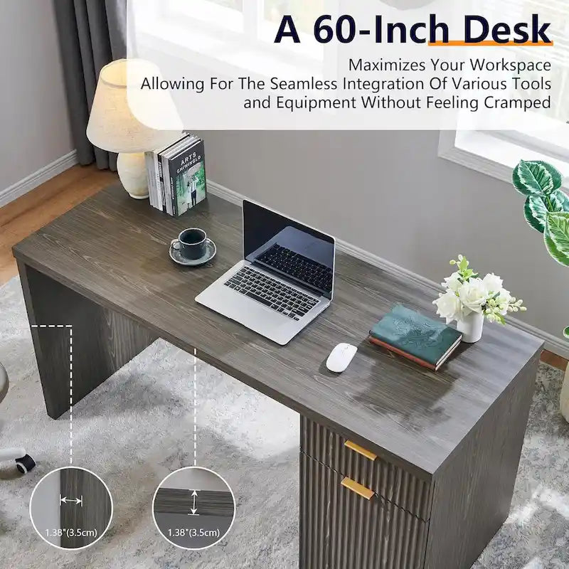 60  Modern Executive Desk, Wood Home Office Desk, Fluted Computer Desk