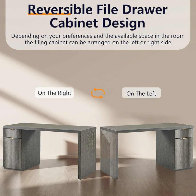 60  Modern Executive Desk, Wood Home Office Desk, Fluted Computer Desk