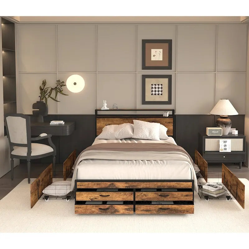 Full Size Storage Bed with LED Lights, Charging Station & 8 Drawers